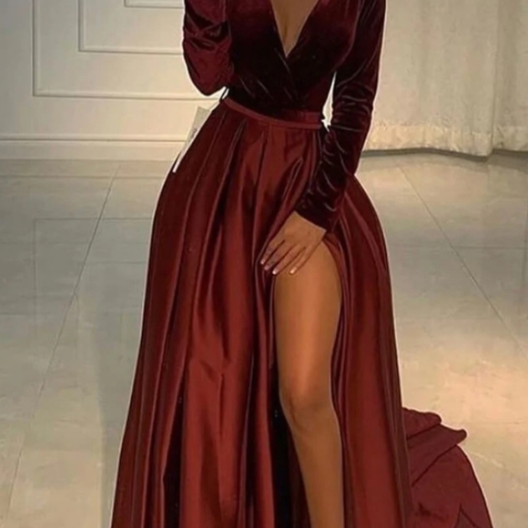 Half Sleeves Long Gown with Slit Burgundy main image 1